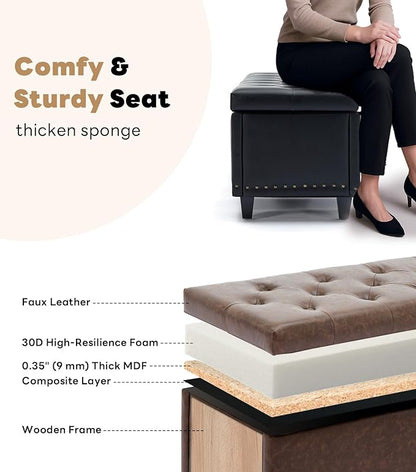 Tbfit 50.8“ Large Ottoman Storage Bench for Bedroom, Oversized Tufted Upholstered Entryway Benches End of Bed, Rectangle Dorm Foot Stool with Safety Hinge & Solid Wood Legs, Loads 660 lb, Brown