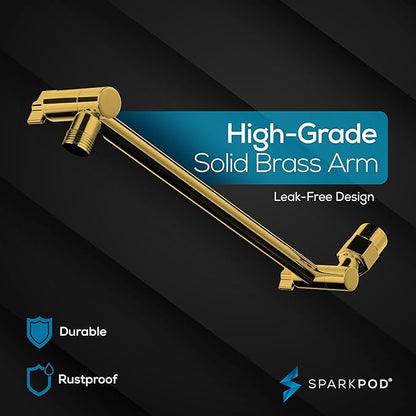SparkPod Round Rain Shower Head with Extension Arm - Height Adjustable Shower Head with High Pressure Performance - Easy 1-Minute Installation (11" Arm Extension, Egyptian Gold)