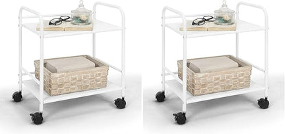 SunnyPoint 2-Tier Metal Rolling Utility Cart – Mobile Storage Shelf with Caster Wheels – Small Space Organizer for Home, Office, Bedroom, Kitchen (WHT) (Pack of 2)