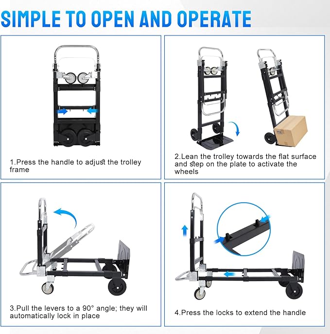KAFLLA 3-in-1 Folding Hand Truck, 660 lbs Heavy Duty Convertible Hand Truck Dolly with Retractable Handle & 4 Rubber Wheels, Collapsible Moving Cart for Home, Office & Warehouse
