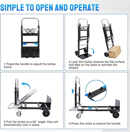 KAFLLA 3-in-1 Folding Hand Truck, 660 lbs Heavy Duty Convertible Hand Truck Dolly with Retractable Handle & 4 Rubber Wheels, Collapsible Moving Cart for Home, Office & Warehouse