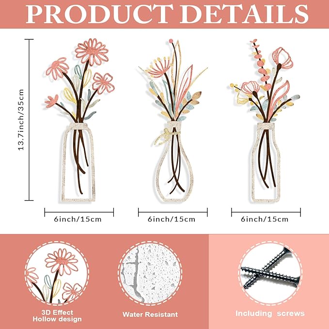 3 Pieces Metal Flowers Wall Arts - Rustic Farmhouse Style Décor Metal Wall Art Black Minimalist Flower Natural Themed Wall Decors for Home Bedroom Dining Room Housewarming (Pink Beige)