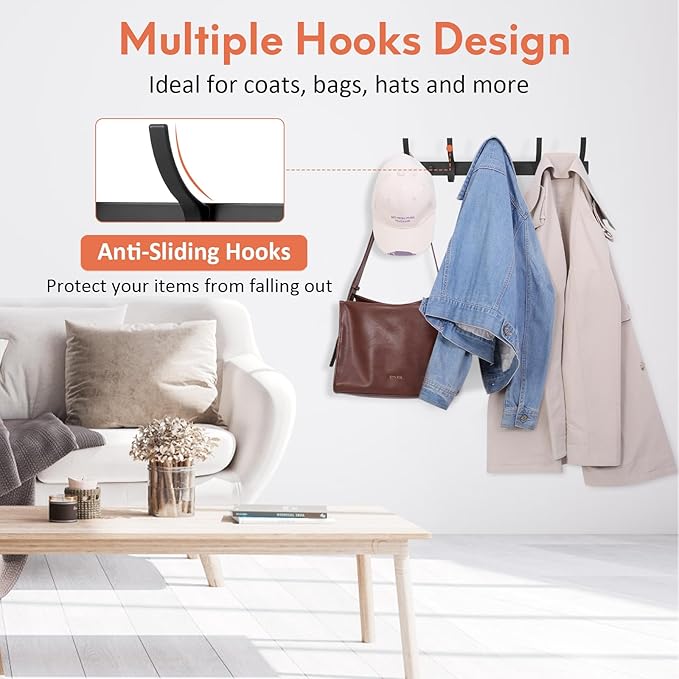 Coat Rack Wall Mount, Coat Hook Wall Mount, Wall Hooks for Hanging, Hat Rack for Walls, Coats Hanger with 10 Hook, Towel Hooks for Bathrooms (1 Pack, Black)