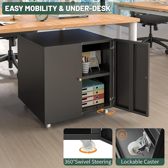 TEEALUBAN Printer Stand with Storage Cabinet with Wheels,3D Heavy Duty Metal Large Printer Table with Adjustable Shelf for Home Office, Mobile Printer Cart,Black,23.62" H