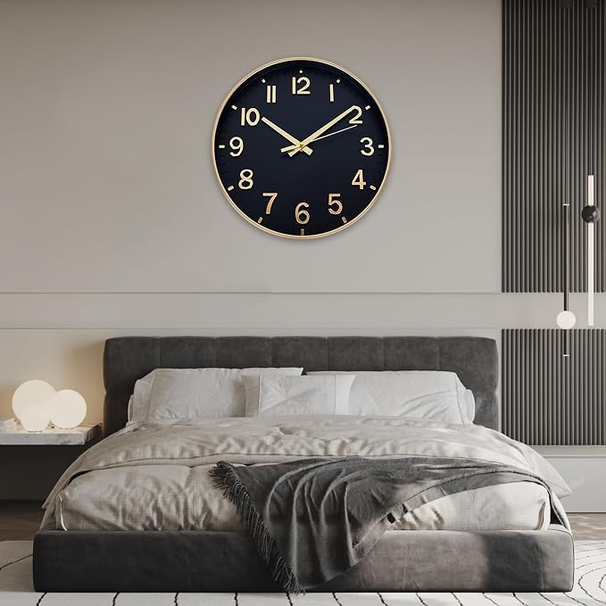 HZDHCLH Wall Clocks Battery Operated,Wall Clock Black Gold,8 inch Wall Clock Silent Non Ticking Modern 3D Numbers for Kitchen Bedroom Living Room Office Classroom Decor