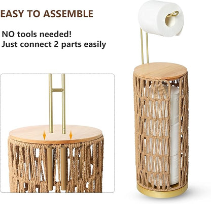 Trongee Freestanding Toilet Paper Holder with Storage,Goldn Handmade Woven Toilet Paper Roll Holder Stand,3 Rolls of Tissue Holder for Bathroom,Rattan Sturdy Boho Bathroom Toilet Paper Storage