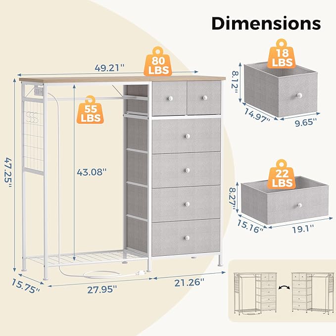 OLIXIS 6 Storage for Bedroom with Hanging Rack with LED Lights & Charging Station, Fabric Chest of Storage with Rack, Wooden Top, for Home Living Room Entryway Light Grey