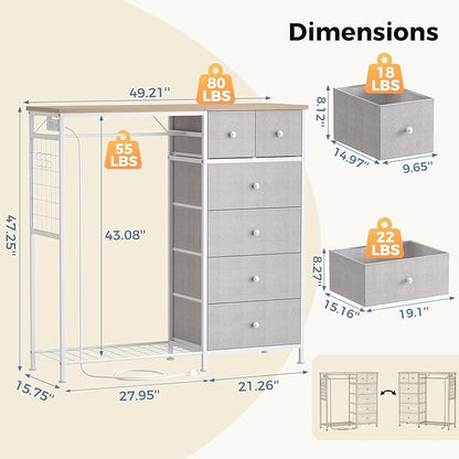 OLIXIS 6 Storage for Bedroom with Hanging Rack with LED Lights & Charging Station, Fabric Chest of Storage with Rack, Wooden Top, for Home Living Room Entryway Light Grey