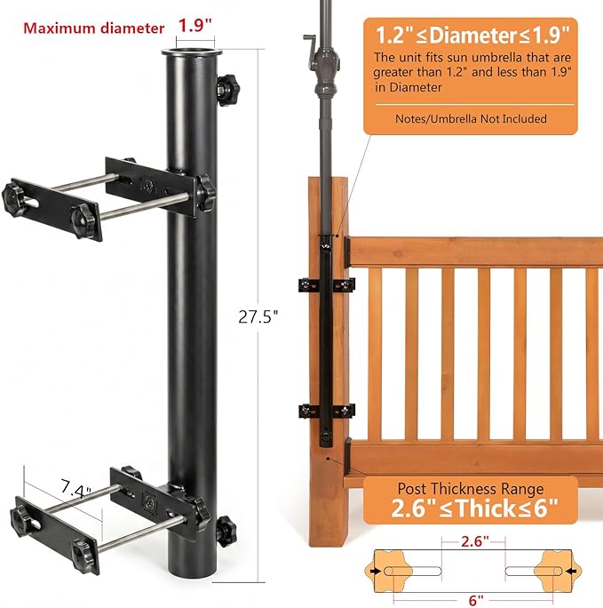 304 Stainless Steel Patio Umbrella Holder, Fits Up to 1.9 Inch Umbrella, Heavy Duty Deck Mount for Railing, Black