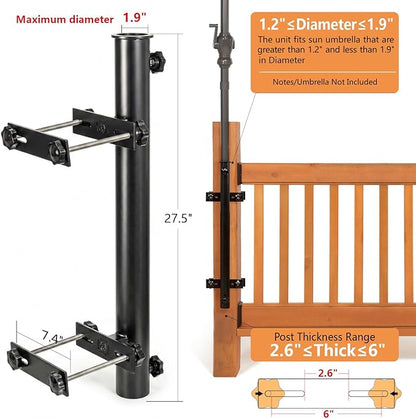 304 Stainless Steel Patio Umbrella Holder, Fits Up to 1.9 Inch Umbrella, Heavy Duty Deck Mount for Railing, Black