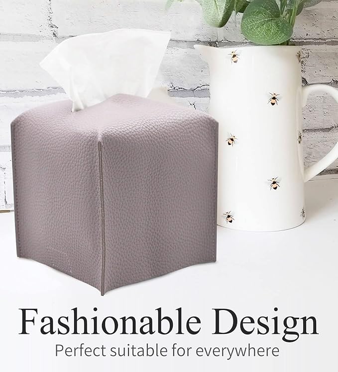Livelab Tissue Box Cover, Square Decorative PU Leather Tissue Box Holder Modern Tissue Case Facial Paper Organizer Dispenser for Bathroom, Vanity Countertop, Night Stand, Desk 5X5X5'' | Light Purple