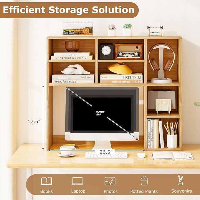 Desk Hutch, Desktop Shelf with 7 Shelves, Desk Bookshelf w/Anti-Toppling Devices, Wood Table Top Bookshelf Organizer, Small Desk Shelf for Study, Office, Dorm (Burlywood, 7 Shelves)