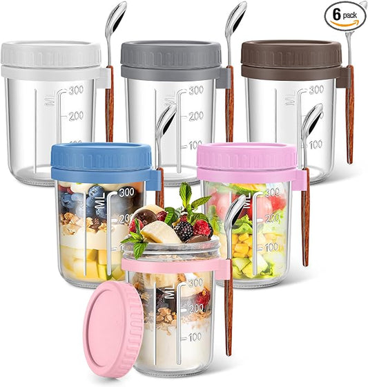 Overnight Oats Jars 16 oz with Lids & Spoons – 6 Pack Glass Mason Jars Airtight Meal Prep Containers for Yogurt, Cereal, Fruit – Leakproof, Stackable, Dishwasher Safe