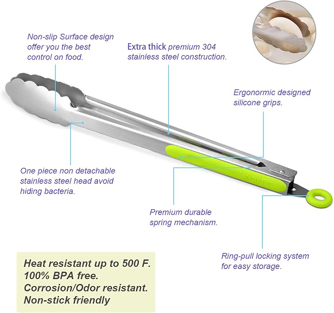 Premium 304 Stainless Steel Tongs Set – 12" Grill Tongs & 9" Cooking Tongs, Heat Resistant up to 600°F, Wavy Grip Head, Non‑Slip Handle with Locking Clip & Hanging Loop, Dishwasher Safe, Green
