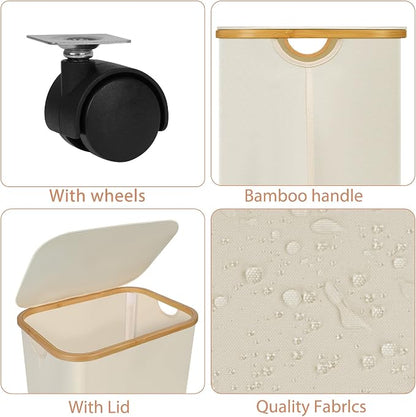 Laundry Basket with Wheels,100L Hampers for Laundry,Large Laundry Hamper with Lid and Bamboo Handles,Collapsible & Waterproof Tall Cloth Hamper for Dormitory Family，Beige
