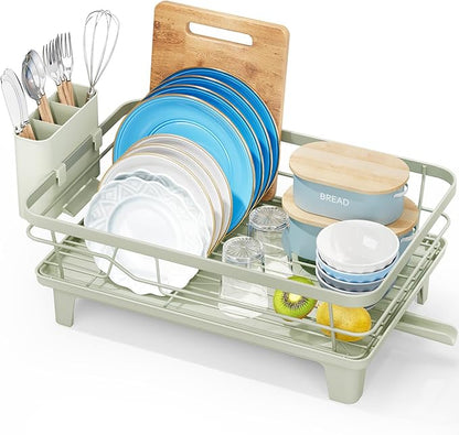 Urackify Dish Drying Rack for Kitchen Counter, Sink Dish Rack with Drainboard, Large Dish Drainer with Cups Holder, Home Countertop Plate Dryer Storage Rack with Cutlery Holder, Soft Celery Green