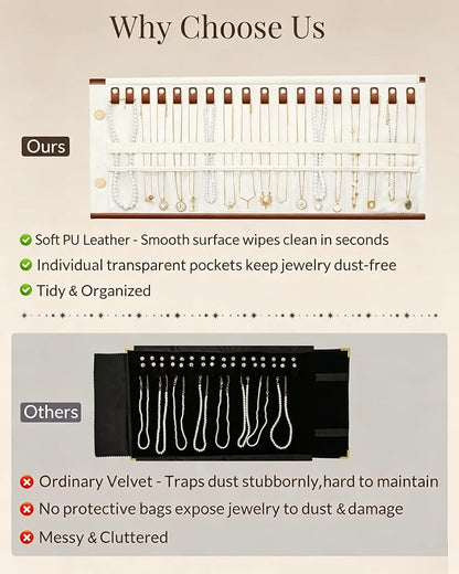 Lolalet Travel Necklace Organizer, Tangle-Free Necklace Case for Travel, Foldable Roll Up Jewelry Storage Bag for Necklaces Chains Bracelets, Caramel, 18 Slots Holder