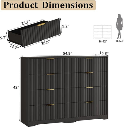 Fluted 8 Drawers Dresser for Bedroom, 55" Wide Wood Dressers Chest of Drawers with Metal Handle, Modern Dresser Storage Organizer for Living Room, Black