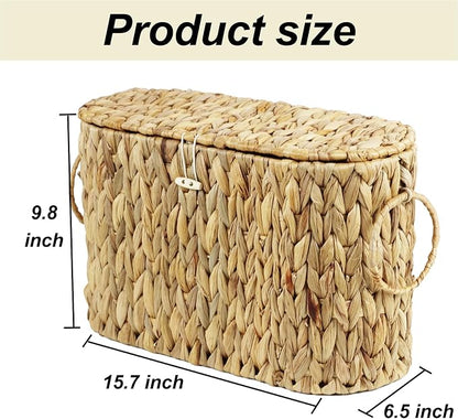 Toilet Paper Storage Basket with Lid, Water Hyacinth Slim Toilet Paper Holder - Holds Up to 6 Mega Rolls, Wicker Basket for Bathroom Accessories Decor Organizer