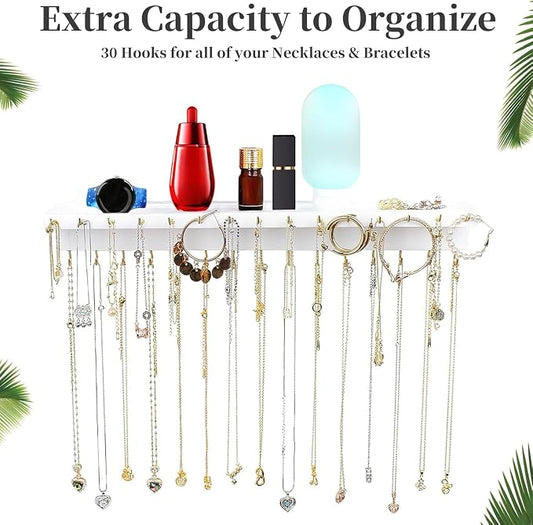 YYILIS Necklace Holder, Upgraded Extra Large Wall Necklace Organizer with 30 Hooks Wall Mounted Necklace Hanger with Jewelry Tray/Cosmetics Shelf Rustic Pine Wood Holder (White)