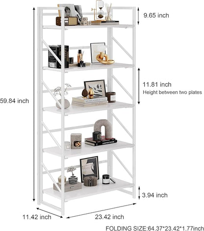 JSB No Assembly Folding Bookshelf, 5 Tier Industrial Metal Book Shelf for Storage, Vintage Wood Foldable Bookcase for Living Room, Bedroom, Office Organization Shelves