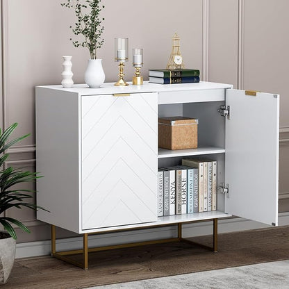 Scurrty 94.5" Large Sideboard Buffet, Storage Cabinet with Golden Legs, Black Sideboard Storage Cabinet with 6 Doors and Adjustable Shelf, Accent Cabinet for Living Room, Kitchen,White