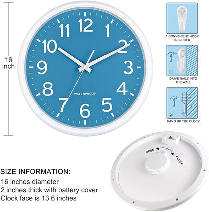 Caysie 16 Inch Sealed Large Outdoor Clock Waterproof, Silent Battery Operated Weatherproof Wall Clocks for Pool Patio Outside Home (White Blue)