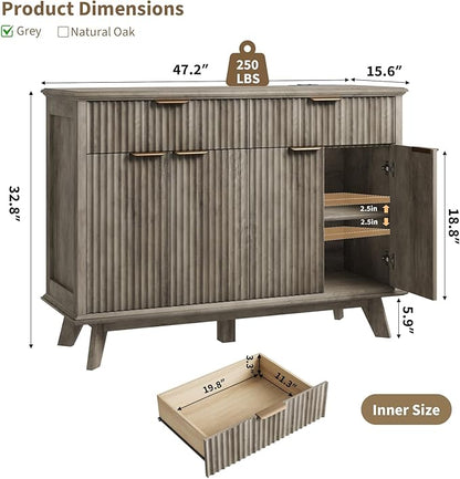 QUW Fluted Buffet Sideboard Cabinet with Storage, 47.2" Kitchen Cabinet with Drawers and Adjustable Shelves, Modern Coffee Bar with Charging Station, for Dining Room, Living Room, Grey