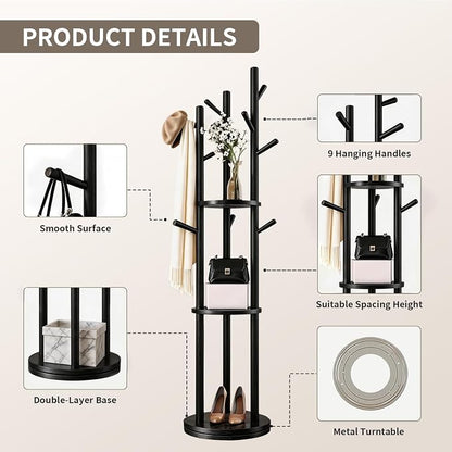 Solid Wood Rotary Coat Rack, Coat Rack Freestanding with 3 Storage Shelves & 9 hooks, Coat Tree for Entryway, Livingroom, Bedroom, Coat Hanger Stand for Coats, Scarves, Handbags, Hat (Black)