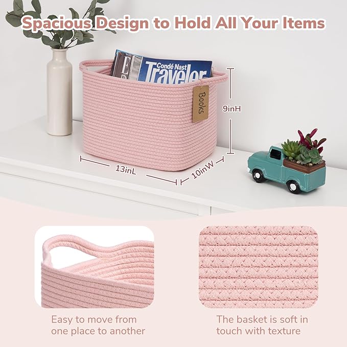 Goodpick Woven Storage Basket for Shelves, Small Baskets for Organizing, Rectangle Baby Nursery basket, Towel Baskets for Bathroom, Living Room, 13 x 10 x 9 Inches, Light Pink