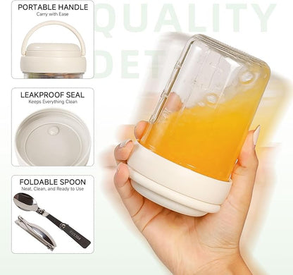 Overnight Oats Containers with Handles & Lids – 16oz Glass Mason Jars with Spoons & Fruit Compartments, Meal Prep Breakfast Jars, 2 Sets (Cream, Dark Blue)