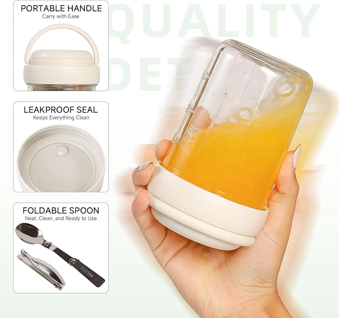 Overnight Oats Containers with Handles & Lids – 16oz Glass Mason Jars with Spoons & Fruit Compartments, Meal Prep Breakfast Jars, 2 Sets (Cream, Purple)