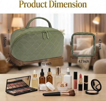 Illuminate Makeup Bag Organizer for Women Large Capacity Travel Toiletry Bag Wide Open Lay-Flat Cosmetic Bags Puffy Makeup Case with Compartments Waterproof Pouch for Toiletries & Brushes (Khaki)