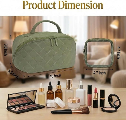 Illuminate Makeup Bag Organizer for Women Large Capacity Travel Toiletry Bag Wide Open Lay-Flat Cosmetic Bags Puffy Makeup Case with Compartments Waterproof Pouch for Toiletries & Brushes (Beige)