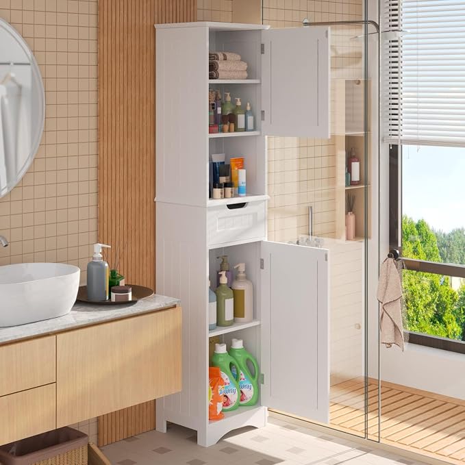 Gizoon 67" H Tall Bathroom Storage Cabinet, Narrow Storage Cabinet with 2 Doors & Drawer, Towel Cabinet with Freestanding Adjustable Shelves for Small Spaces, Kitchen, Living Room, Anti-Tipping, White