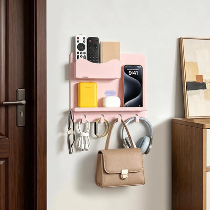 Bedside Shelf Wall Mount, Adhesive Bedside Shelf Accessories Organizer with Hooks and Cable Clips,Dorm Bedside Wall Storage for Phone, Remote, Earphone,Plastic (Pink)