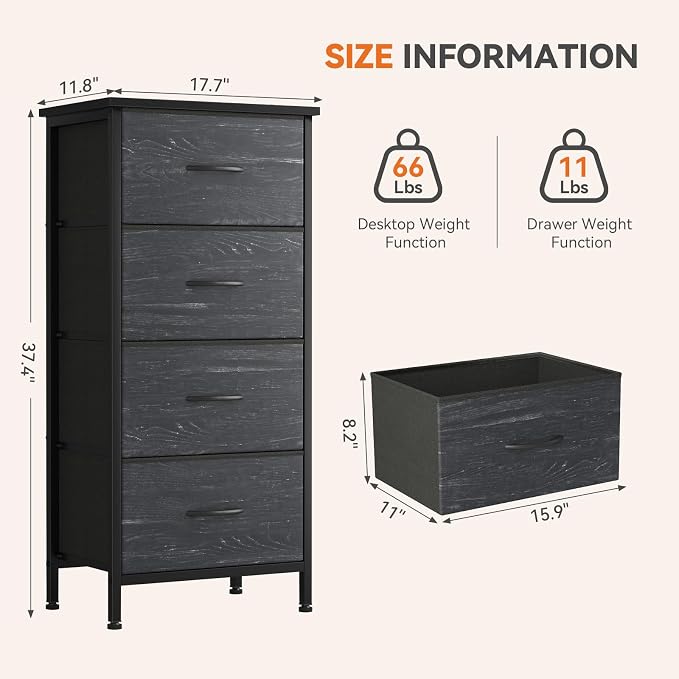 Sweetcrispy 4 Drawer Fabric Dresser Storage Tower Nightstand Chest | Small bedroom dresser and nightstand with sturdy frame,Perfect for closet,entryway,dorm,Black Wood Grain