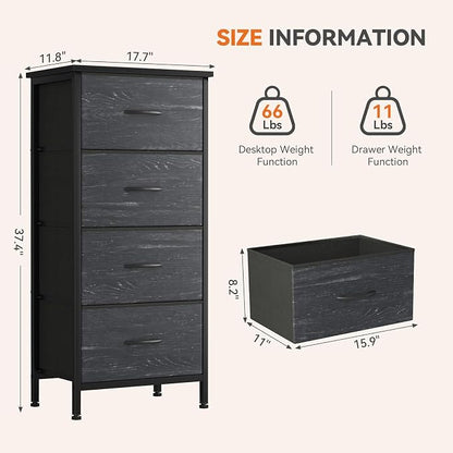 Sweetcrispy 4 Drawer Fabric Dresser Storage Tower Nightstand Chest | Small bedroom dresser and nightstand with sturdy frame,Perfect for closet,entryway,dorm,Black Wood Grain