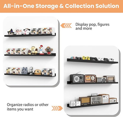 upsimples Floating Shelves for Wall, 47.3 Inch Shelves for Decor Storage Set of 6, Wall Mounted Wood Shelf for Bedroom, Living Room, Bathroom, Kitchen, Long Picture Ledge Shelves, Black