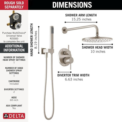 Delta Modern 14 Series Round Rain Shower System Faucet Set, Rainfall Brushed Nickel Shower Head and Handle Set, Valve Trim Kit, 10 Inch, Spotshield Stainless T342702-SP (Valve Not Included)