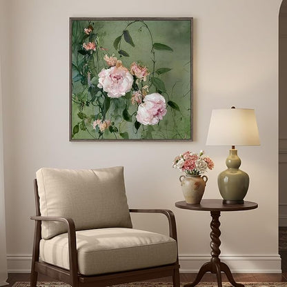 Framed Vintage Floral Square Wall Art, Pink and Green Retro Botanical Watercolor Flower Canvas Painting Prints, French Country Cottage Core Elegant Peony Artwork for Bedroom Living Room Office, 24x24