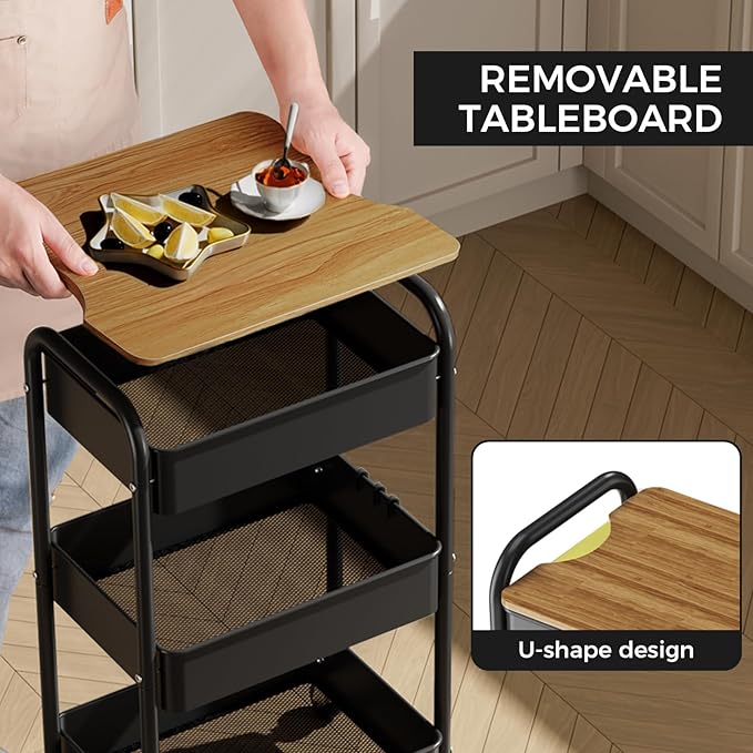 johgee 3 Tier Rolling Cart with Table top, Metal Utility Cart, Sturdy Storage Organizer Cart with Locking Wheels & Hooks for Office, Classroom, Kitchen and Bathroom