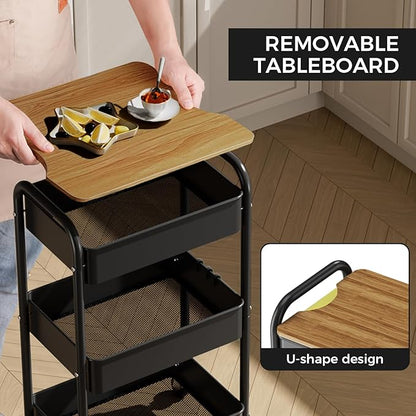 johgee 3 Tier Rolling Cart with Table top, Metal Utility Cart, Sturdy Storage Organizer Cart with Locking Wheels & Hooks for Office, Classroom, Kitchen and Bathroom