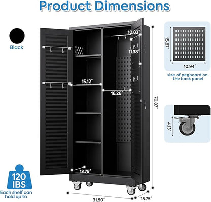 Metal Broom Closet Storage Cabinet with Hanging Rod, Garage Storage Cabinet with Wheels and 4 Shelves, Pegboard and 13 Hooks for Garage Home, Black, Assembly Required