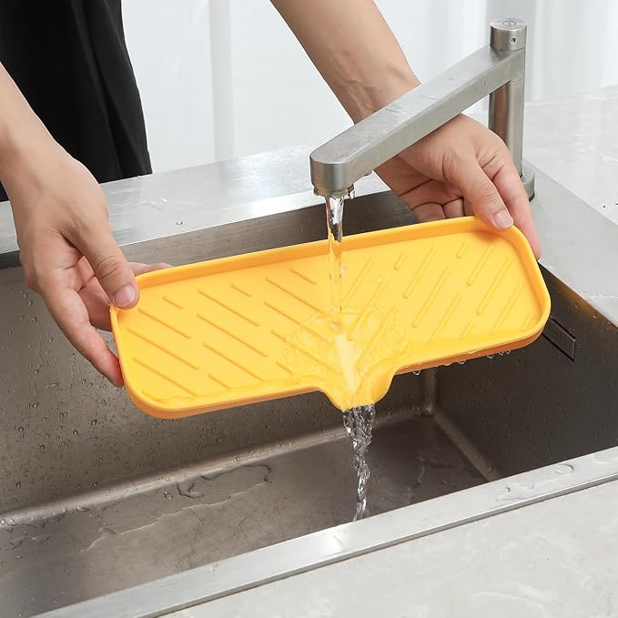 MicoYang Silicone Soap Dish with Drain Spout — Self-Draining Double Sink Organizer Tray for Kitchen & Bathroom, Dispensers, Sponges & Soap Holder, Non-Slip & Dishwasher Safe, Yellow (Large, 12"×4")