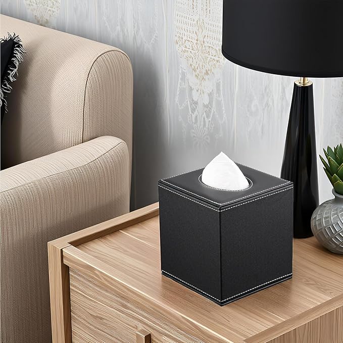 KINGFOM Square Pu Leather Tissue Box Cover, Modern Facial Tissue Holder, Roll Tissues Paper Case Dispenser for Bathroom Vanity Countertop, Night Stands, Office Desk & Car(Black)