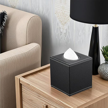KINGFOM Square Pu Leather Tissue Box Cover, Modern Facial Tissue Holder, Roll Tissues Paper Case Dispenser for Bathroom Vanity Countertop, Night Stands, Office Desk & Car(Black)