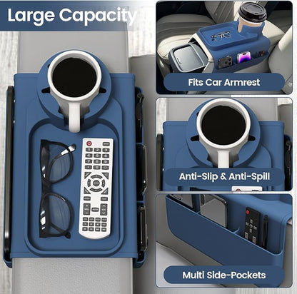 Couch Cup Holder Tray, Silicone Sofa Armrest organizer with Side Pockets for Storage Remotes, Cell-phone,Tablet or Snack, Anti-Spill and Anti-Slip Sofa Arm Tray for Recliner, Armchair Caddy (Blue)