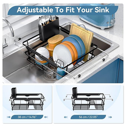 Over the Sink Dish Drying Rack,In Sink Dish Drying Racks,Expandable Dish Rack Over Sink Counter,Adjustable Dish Drainer for Inside Sink with Utensil Holder, Stainless Steel Dish Strainer XLarge Size