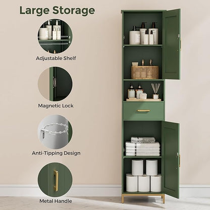 Homhedy 67" H Bathroom Storage Cabinet, Tall Storage Cabinet with Adjustable Shelves, Freestanding Cabinet with Doors and Drawer, Narrow Cabinet for Bathroom, Living Room, Kitchen, Dining Room, Green
